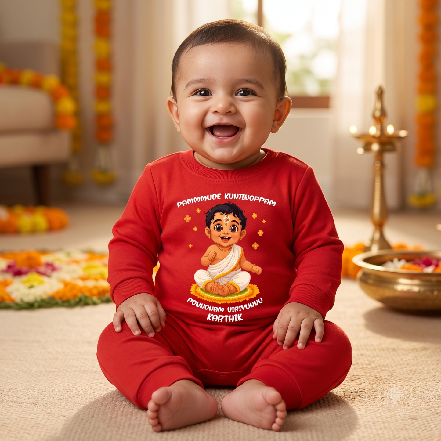 The Golden Onam Blooms With Our Liittle One with customised name_ Red Full Romper
