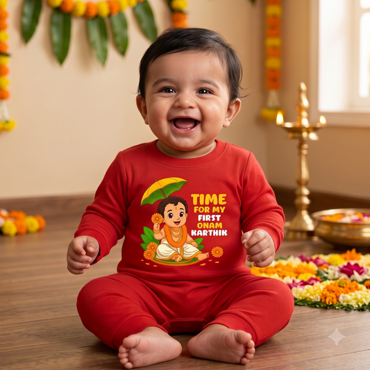 Time For My First Onam With Customised Name_ Red Full Romper