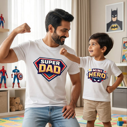 New Born & Baby Clothing | Super Dad & Mini Hero Dad & Son Twinning White Sets | Soft T-shirt