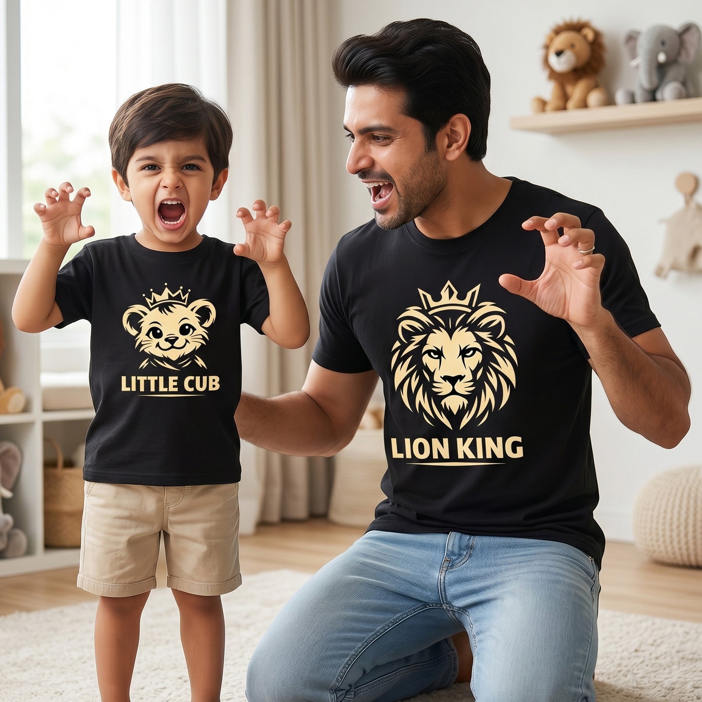 New Born & Baby Clothing | Lion King Little Cub Dad & Son Twinning Black Sets | Soft T-shirt