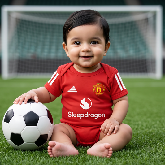 New Born & Baby clothing | Red Football Jersey Inspired Inspired Photoshoot Outfit for Baby with Customized Baby Name Printed | Soft Red Cotton