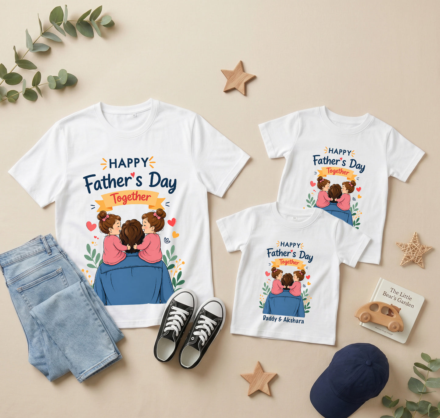 New Born & Baby Clothing | Happy Father's Day Together Dad & Twin Daughter White Sets T-shirt  | Soft T-shirt