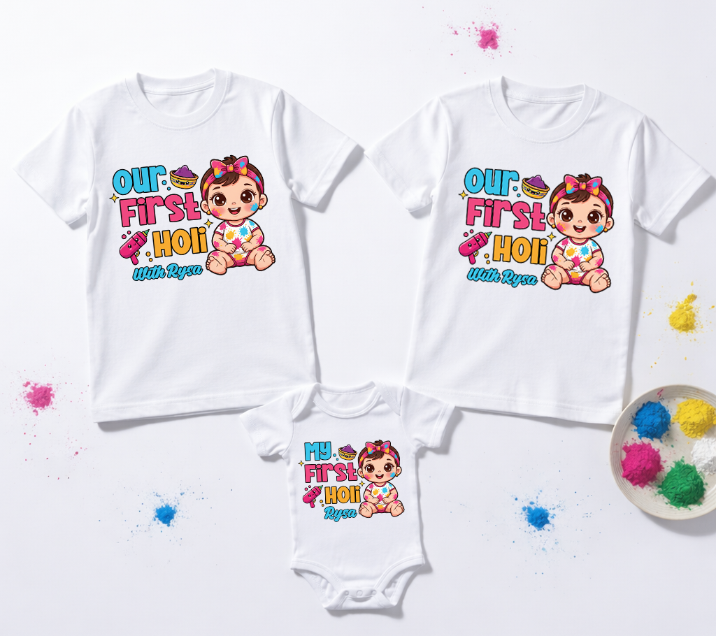 Matching My First Holi Family T-Shirts | Personalized Baby Girl Name Cotton Set