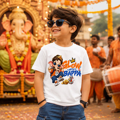 Glow With Bappa Kids T-Shirt | Ganpati Design White T-Shirt