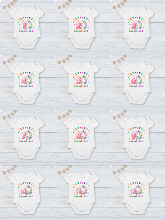 Infant monthly birthday Combo with customized name 12 Months of Love and Happiness White onesies