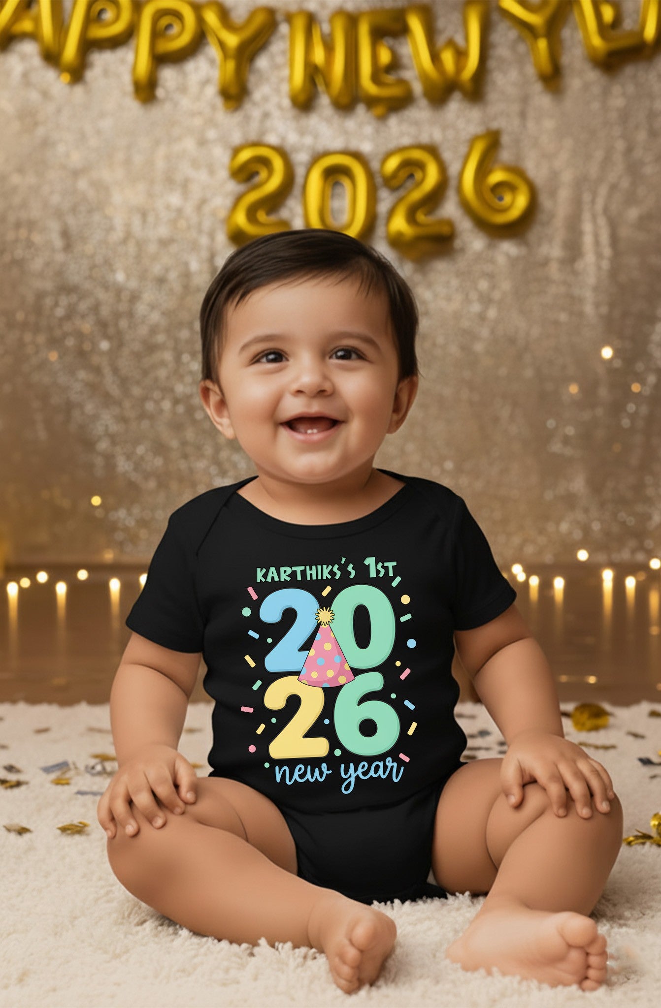 Karthik's 1st 2026 New Year With Customized Baby Name  _ Black Onesies