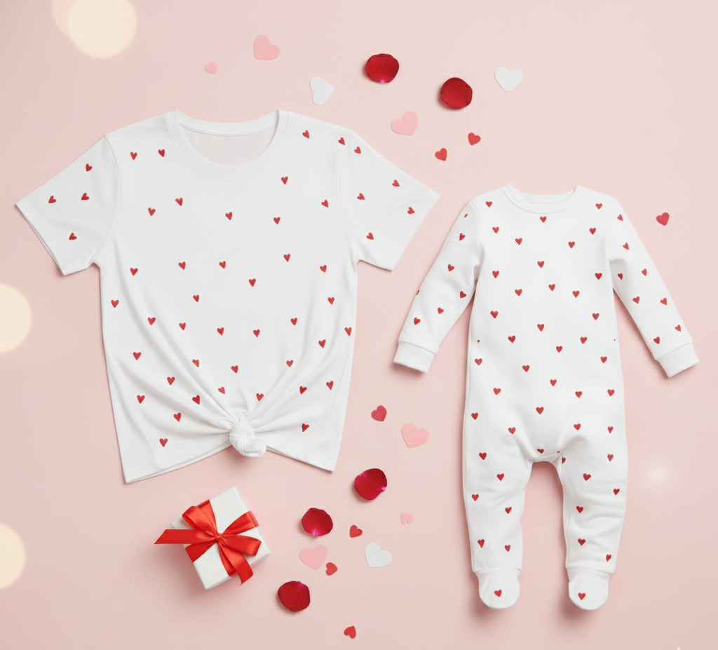 New Born & Baby Clothing | Baby’s First Valentine Outfit – Mom & Son White T-shirt Heart Print  Duo | Soft Cotton