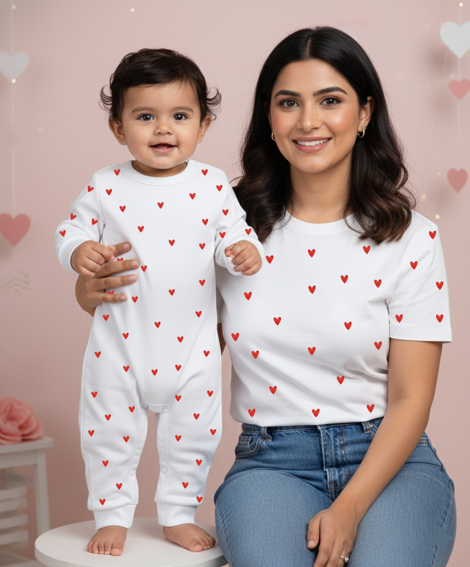 New Born & Baby Clothing | Baby’s First Valentine Outfit – Mom & Son White T-shirt Heart Print  Duo | Soft Cotton