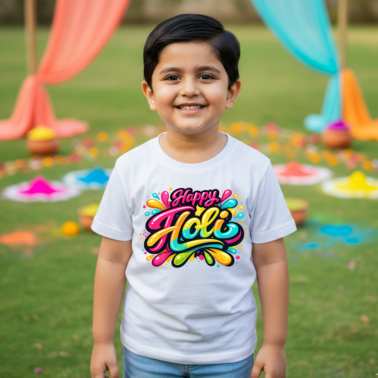 New Born & Baby Clothing | Happy Holi  Kid's  White  T-shirt | Soft Cotton
