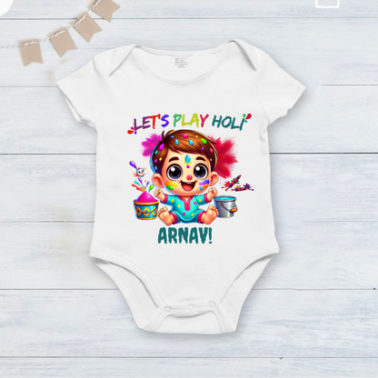 New Born & Baby Clothing | Baby My First Holi Dress Let's Play Holi with Customized Baby Boy Name | Soft Cotton