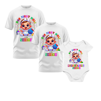 Matching My First Holi | Family T-Shirts With Mom & Dad Combo With Customized Baby Name  | Cotton Set