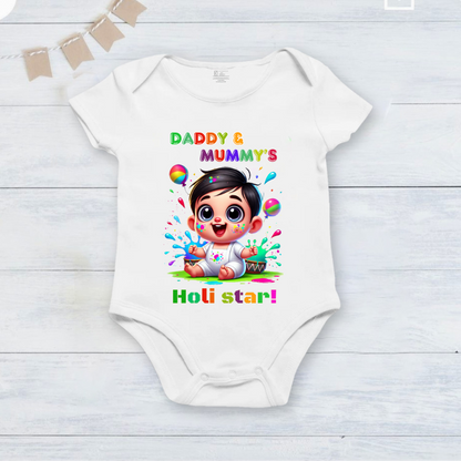 New Born & Baby Clothing | Baby My First Holi  Daddy & Mommy Holi Star Dress | Soft Cotton