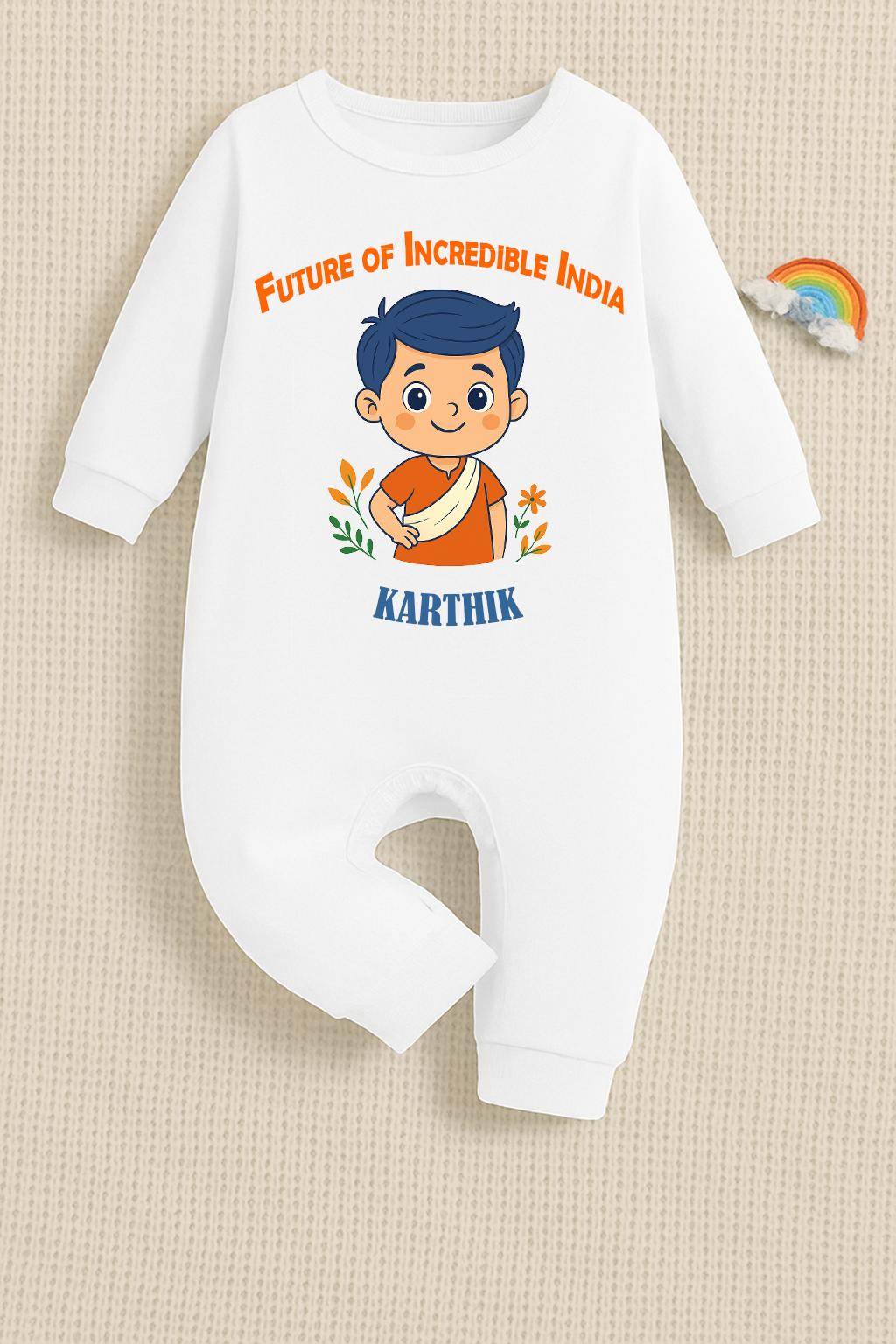 Future Of Incredible India with customised baby name  _White Full Romper