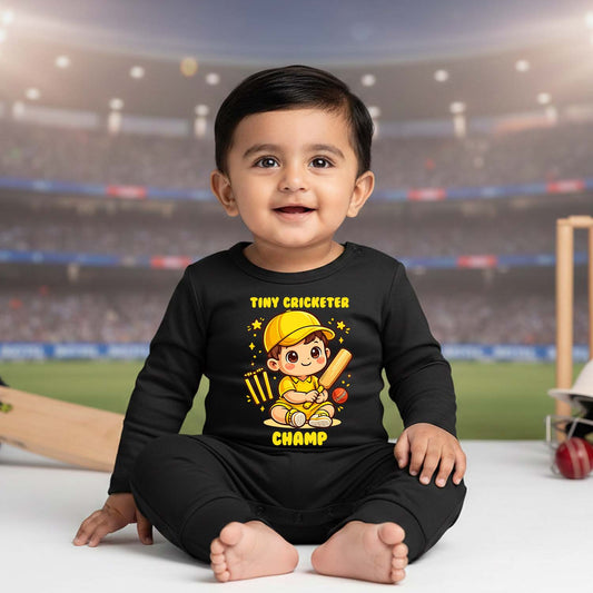 New Born & Baby Clothing | Baby’s Tiny Cricketer Champ Black Full Romper | Soft Cotton