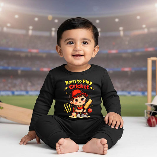New Born & Baby Clothing | Born To Play Cricket Black Full Romper | Soft Cotton