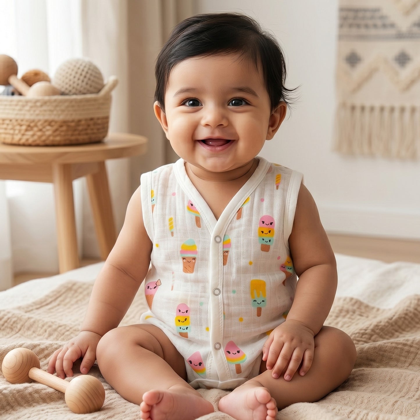 New Born & Baby Clothing | Sleeveless Muslin Baby Dress (0-3 Months) Ice Cream Cute Print | Soft Cotton