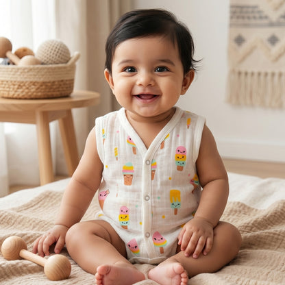 New Born & Baby Clothing | Sleeveless Muslin Baby Dress (0-3 Months) Ice Cream Cute Print | Soft Cotton
