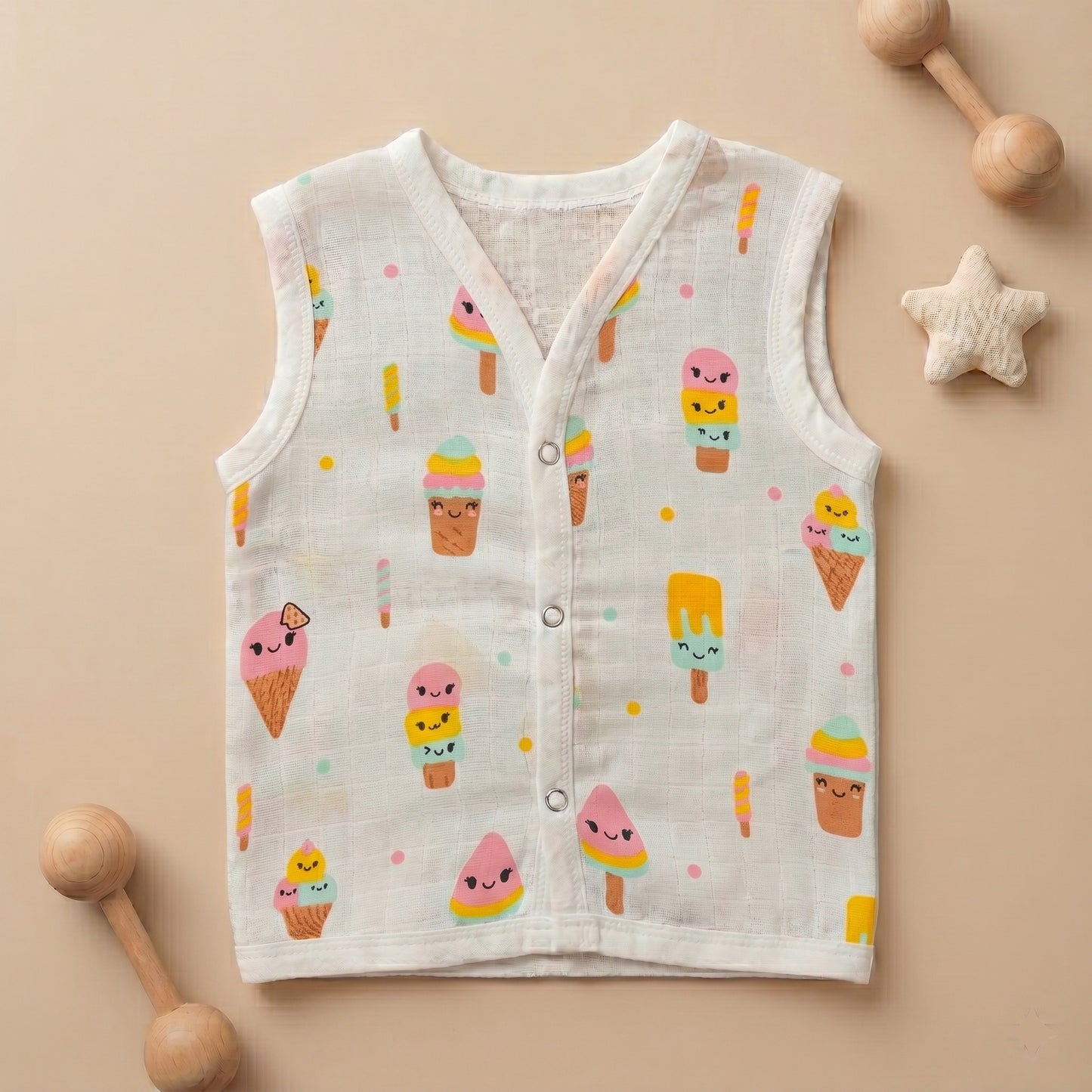 New Born & Baby Clothing | Sleeveless Muslin Baby Dress (0-3 Months) Ice Cream Cute Print | Soft Cotton