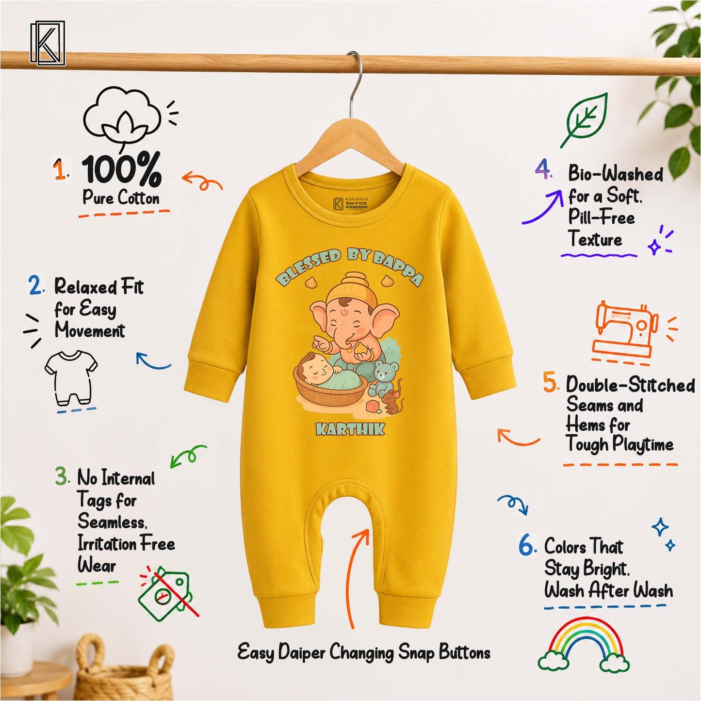 Blessed By Bappa with customised name_ Full Yellow Romper