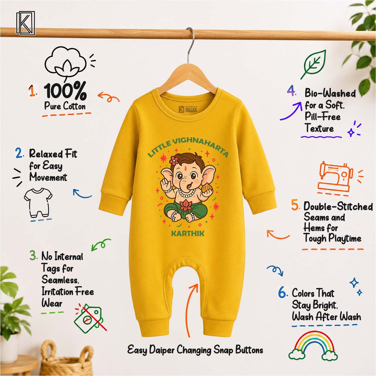 Little Vignaharta with customised name_ Full Yellow Romper
