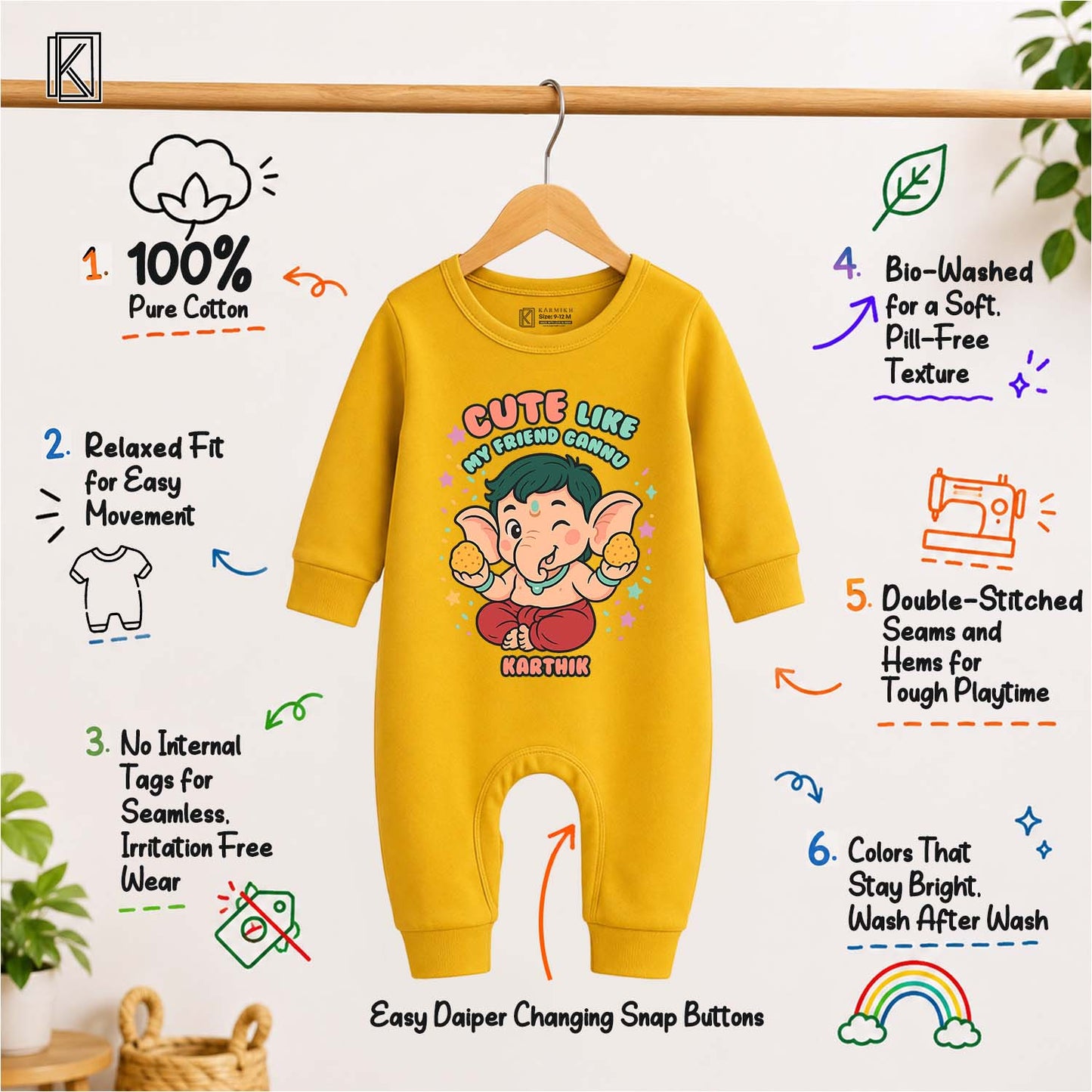 Cute Little My Friend Gannu  with customised name_ Full Yellow Romper