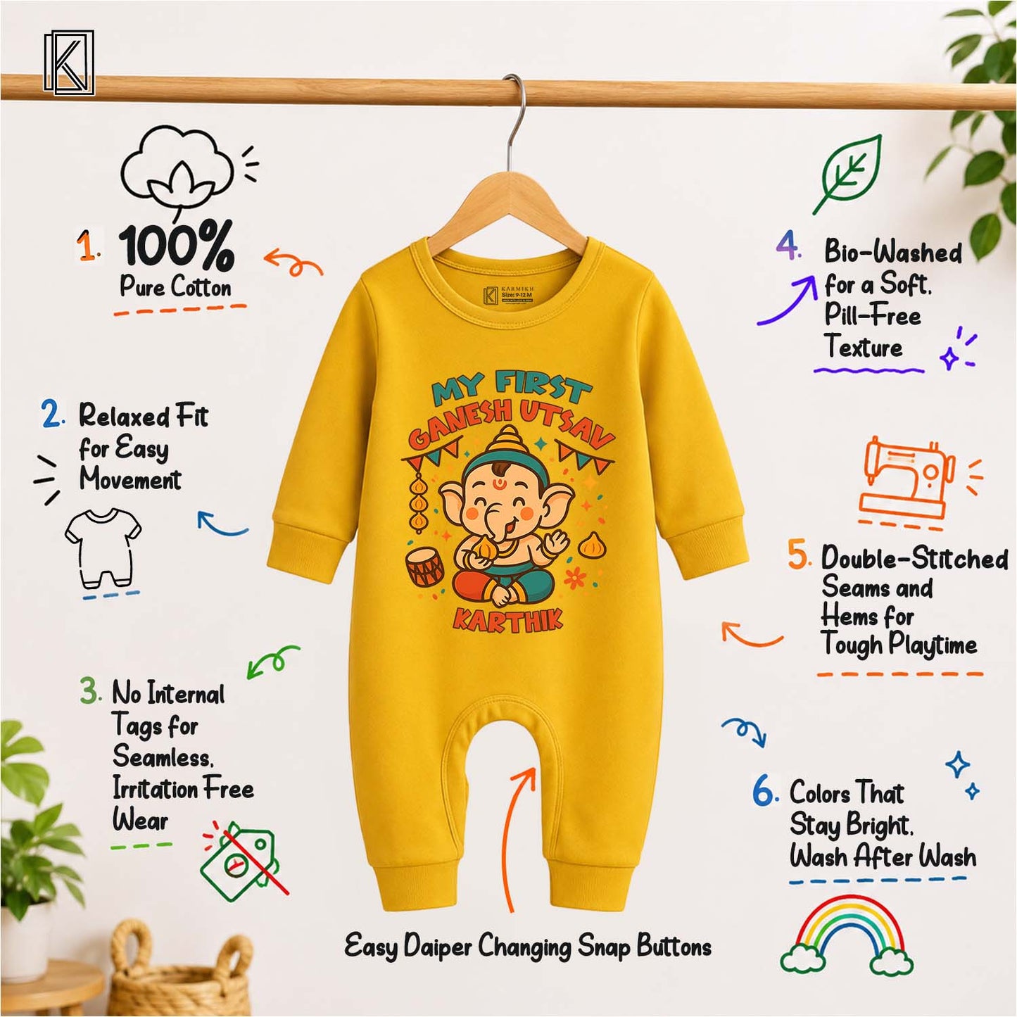 My First Ganesh Utsav with customised name_ Full Yellow Romper