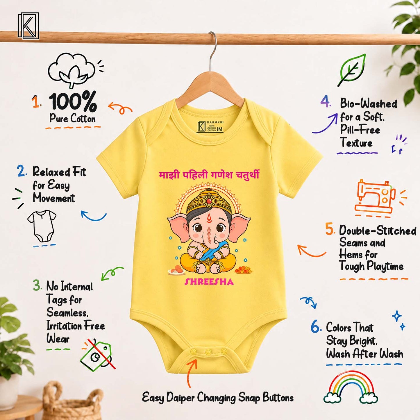 My First Ganesh Chaturthi in Marathi with customised name_ Yellow Onesie