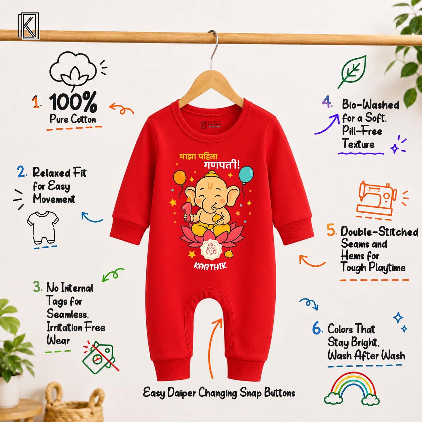 My First Ganpati in Marathi with customised name_ Full Red Romper
