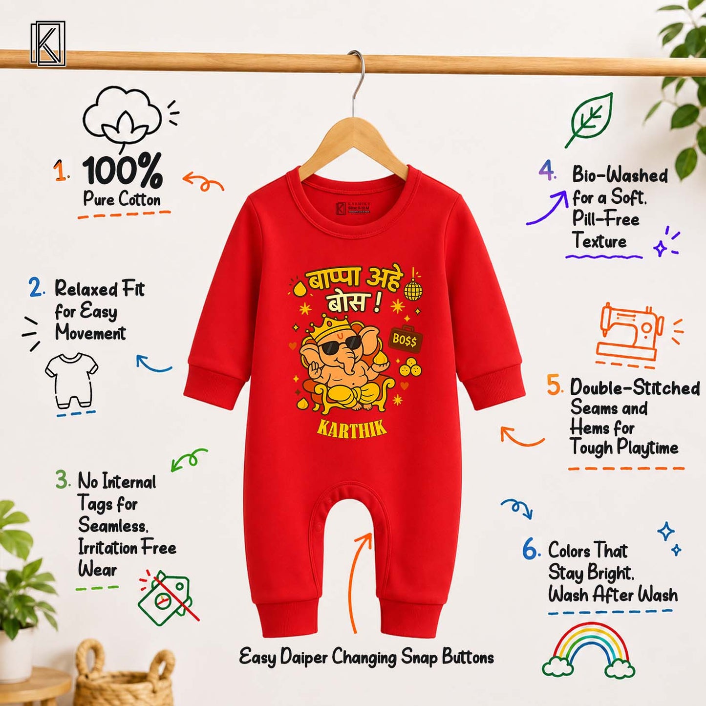 Bappa Aaye Boss! in Marathi with customised name_ Full Red Romper
