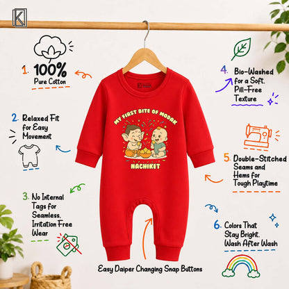 My First Bite Of Modak with customised name_ Full Red Romper