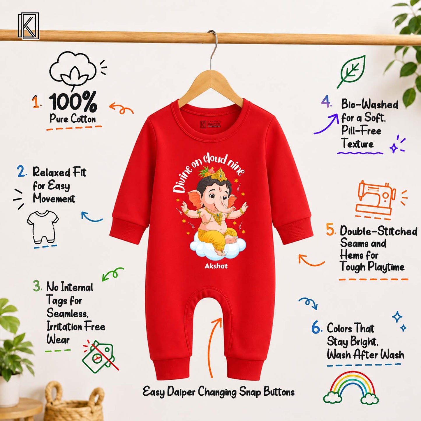 Divine On Cloud Nine with customised name_ Full Red Romper