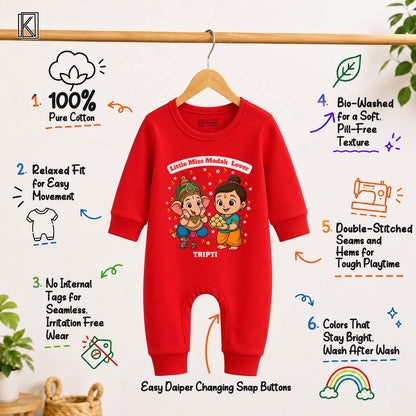 Little Miss Modak Lover with customised name_ Full Red Romper