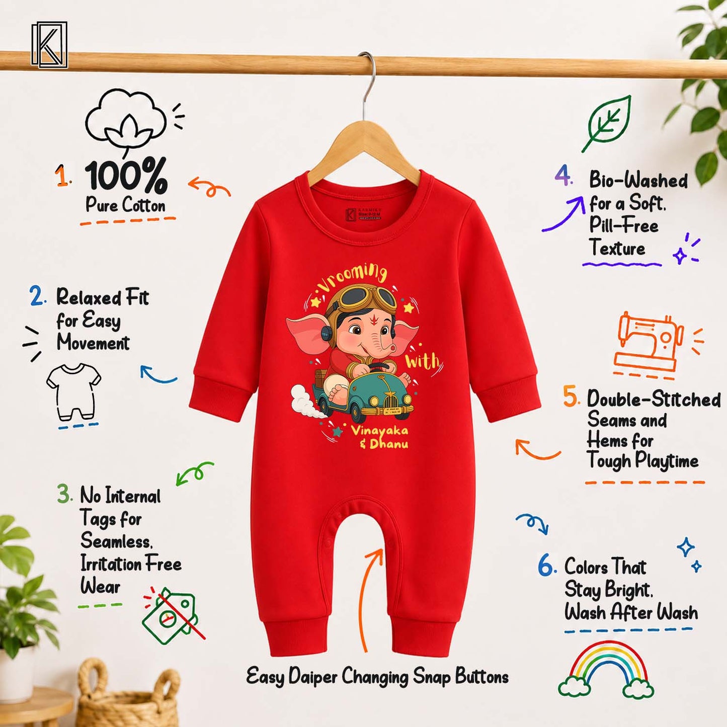 Vrooming with Vinayaka with customised name_ Full Red Romper