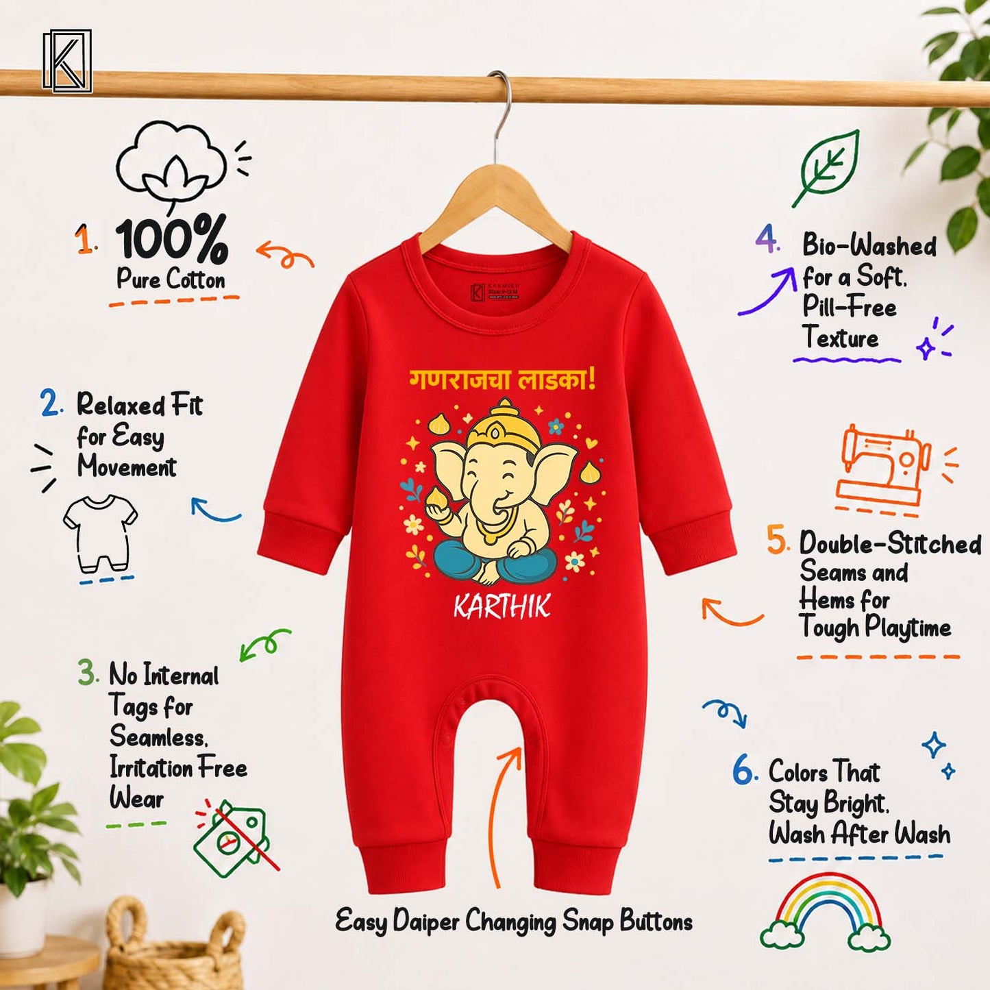 Beloved Of Lord Ganesha in Marathi with customised name_ Full Red Romper