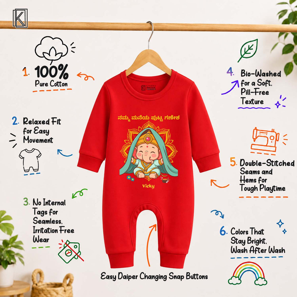 Little Ganesha of our house in Kannada with customised name_ Full Red Romper