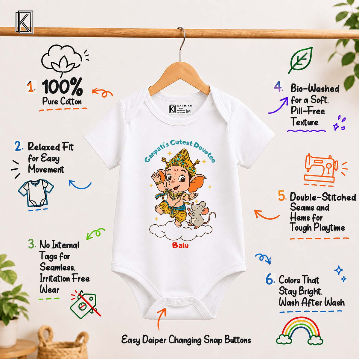 Ganpati's Cutest Devotee with customised name_ White Onesie