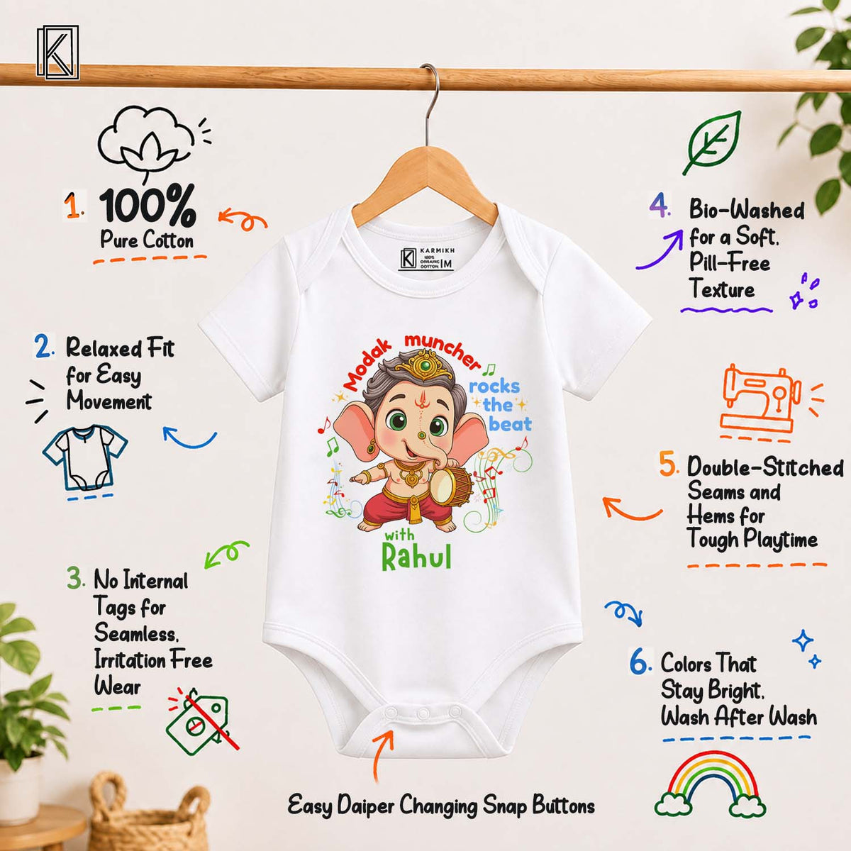 Modak Muncher Rocks the beat with customised name_ White Onesie
