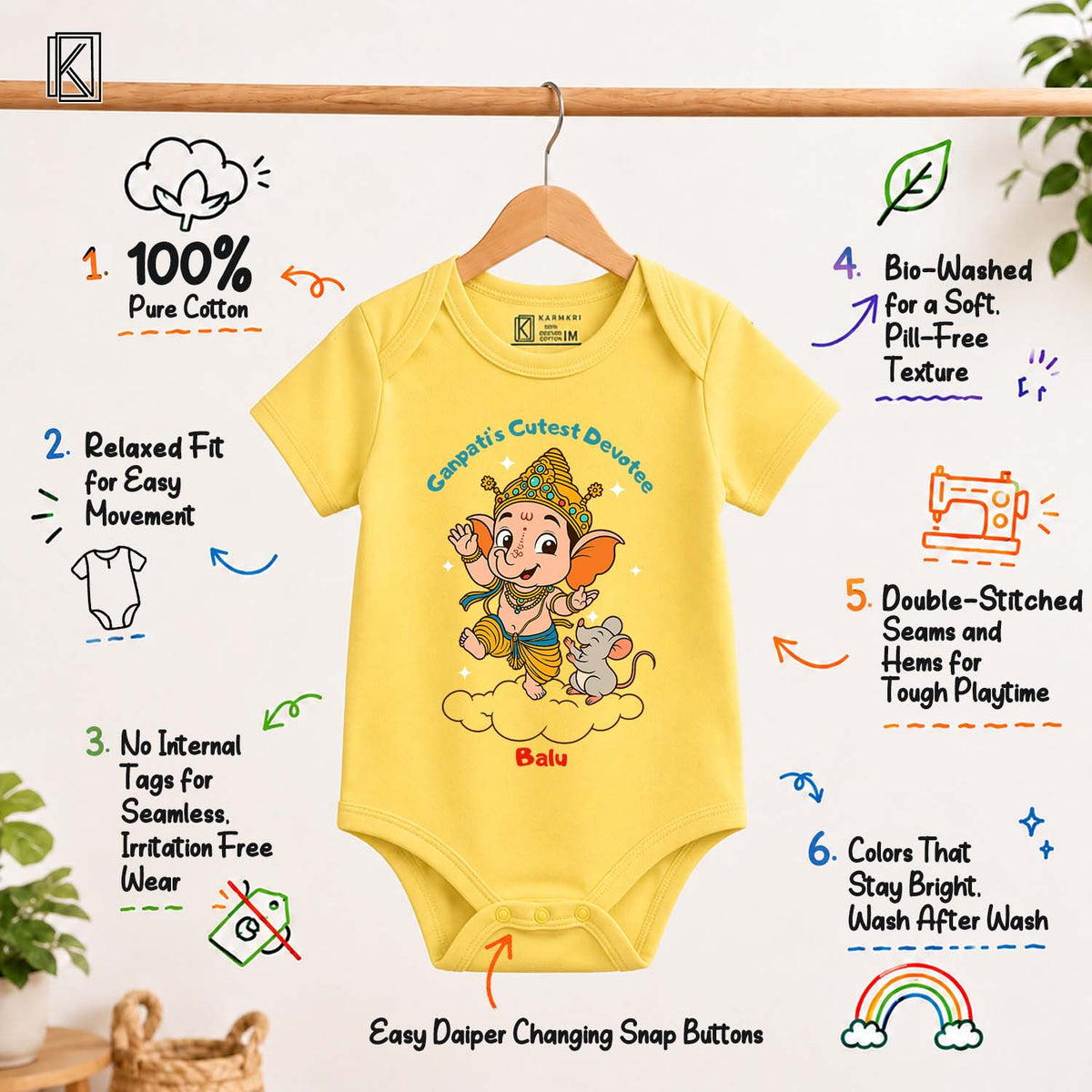 Ganpati's Cutest Devotee with customised name_ Yellow Onesie