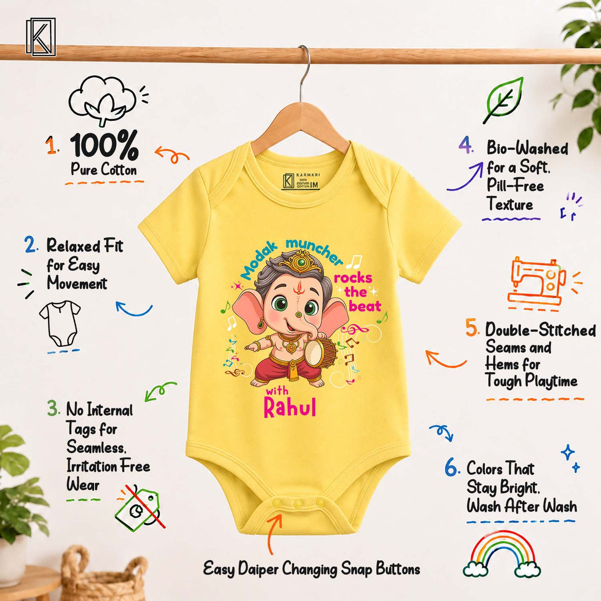 Modak Muncher Rocks The Beat with customised name_ Yellow Onesie