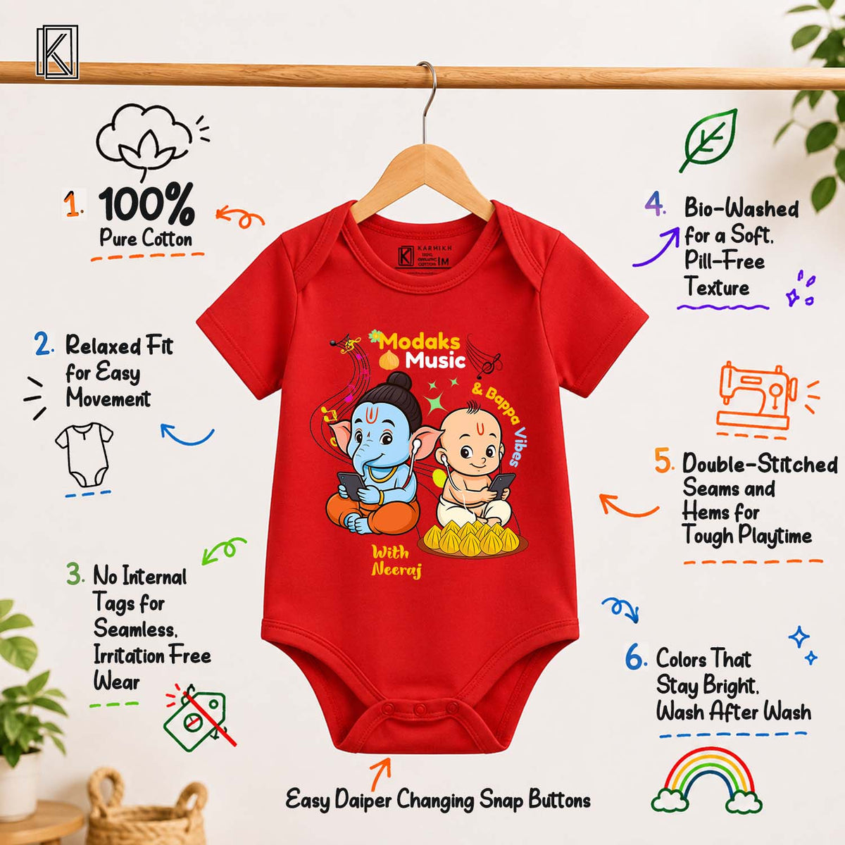Modak's Music and Bappa Vibes with customised name_ Red Onesie