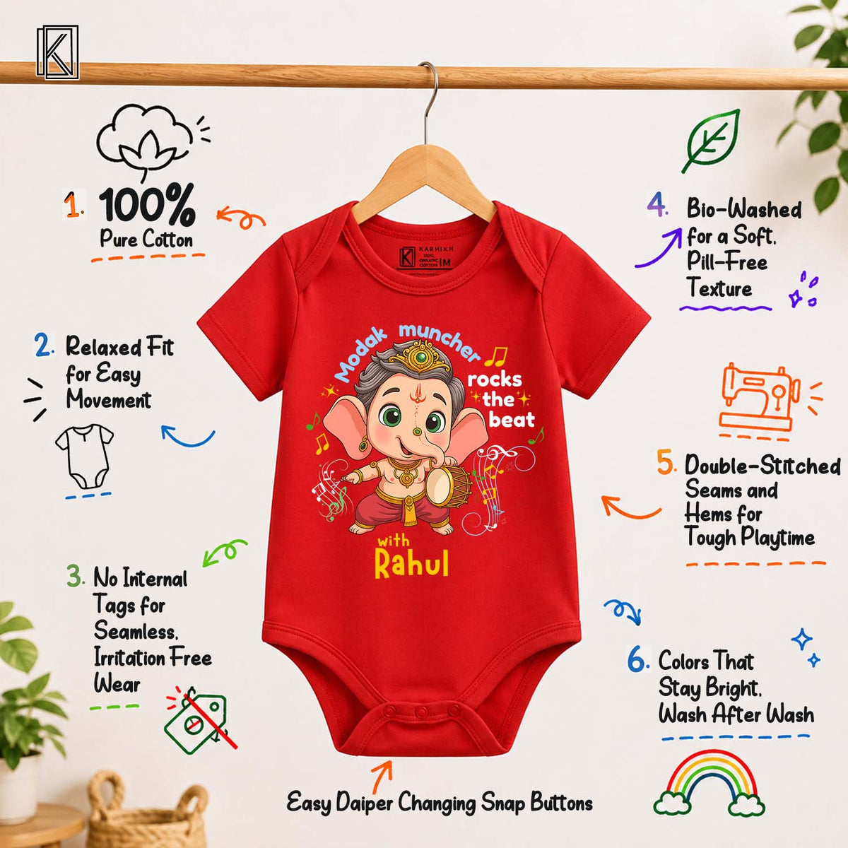 Modak Muncher Rocks The Beat with customised name_ Red Onesie