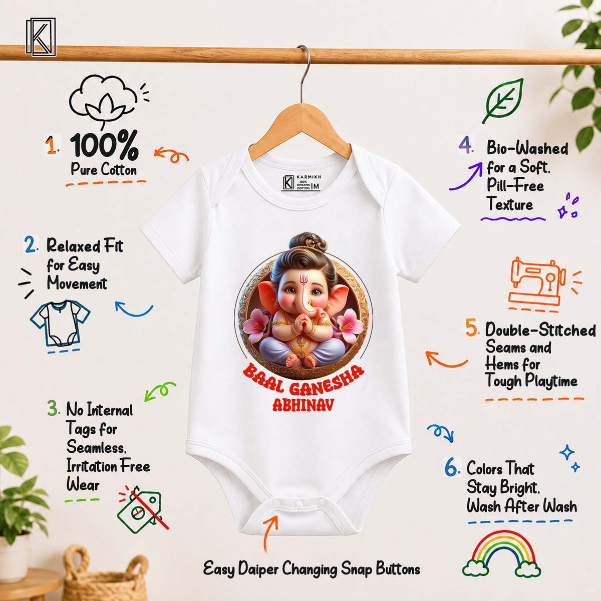 Baal Ganesha with customised name_ White Onesie