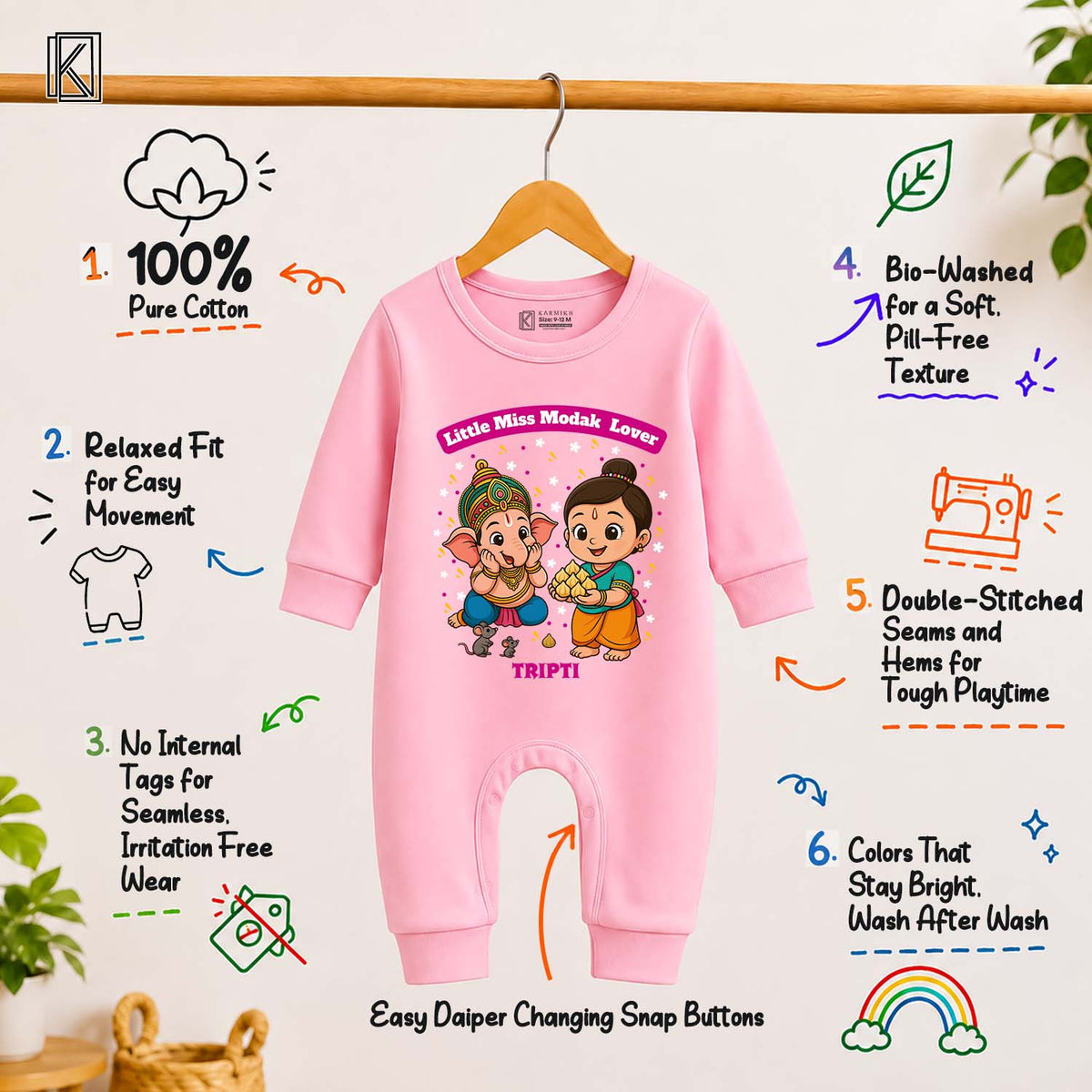Little Miss Modak Lover with customised name_ Full Pink Romper
