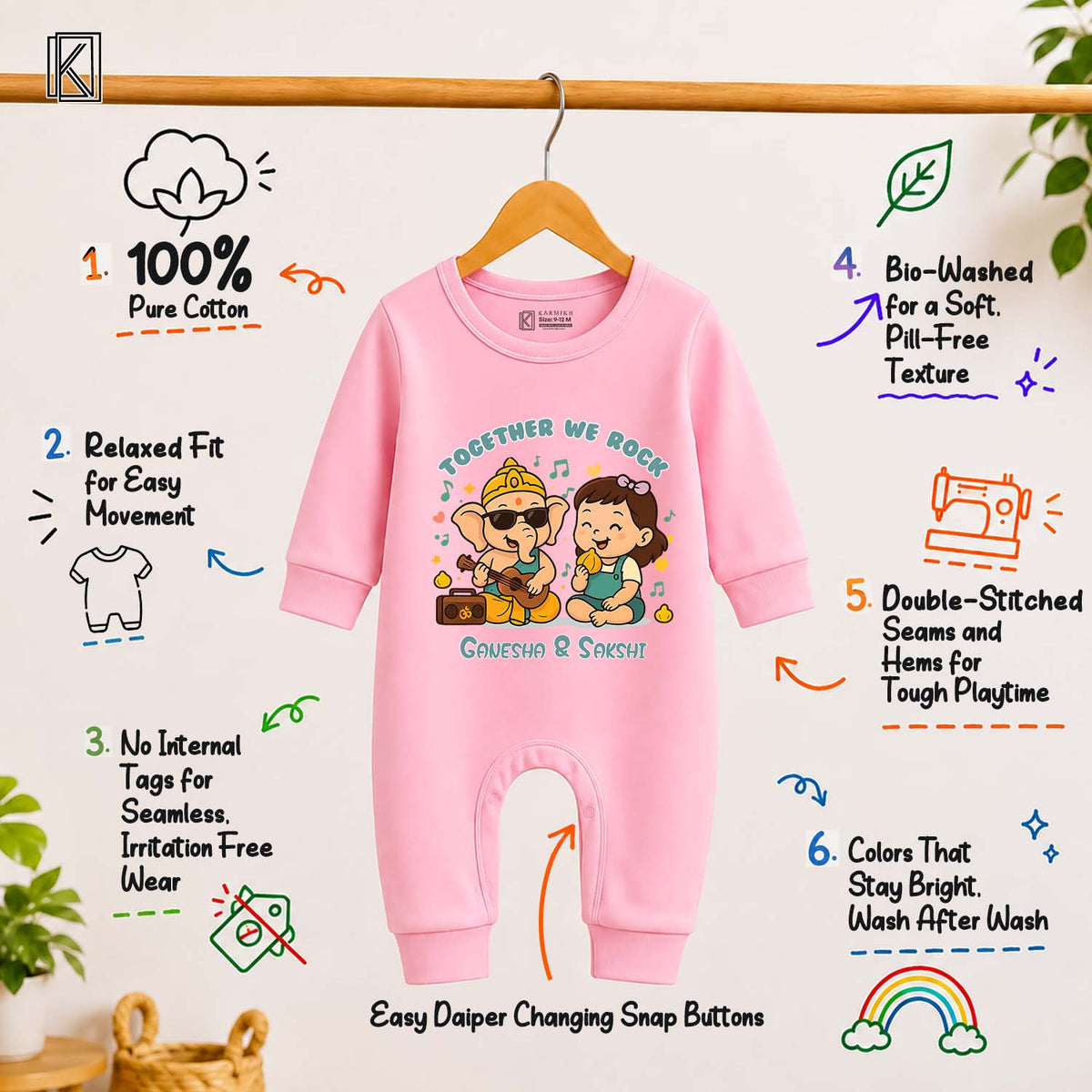 Together We Rock with customised name_ Full Pink Romper