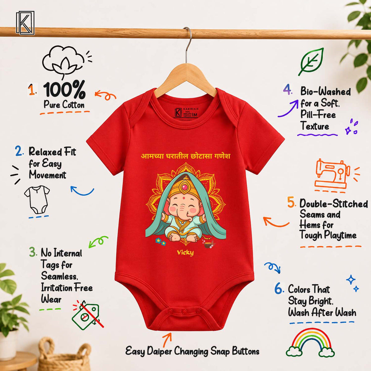 Little Ganesha Of Our Home in Marathi with customised name_ Red Onesie