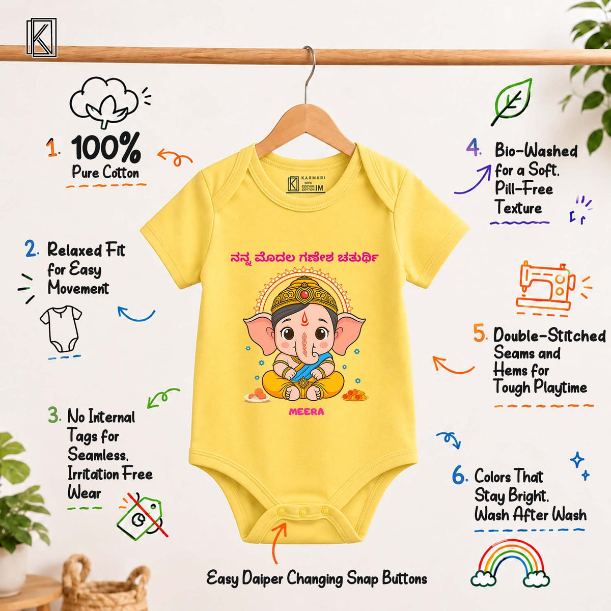 My First Ganesh Chaturthi in Kannada with customised name_ Yellow Onesie