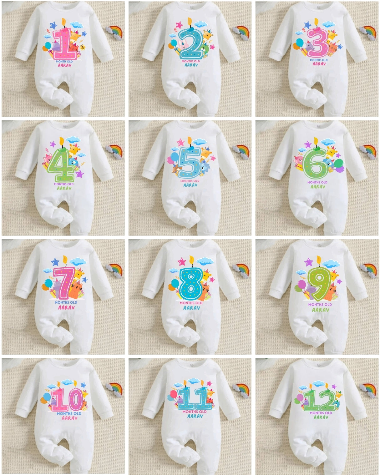 Infant monthly birthday Combo with customized name 12 Months of Love_ White Full  onesies