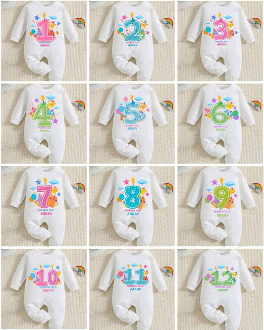 Infant monthly birthday Combo with customized name 12 Months of Love_ White Full  onesies