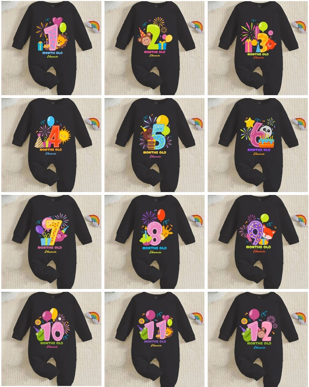 Infant monthly birthday Combo with customized name 12 Months of Love_ Black Full onesies