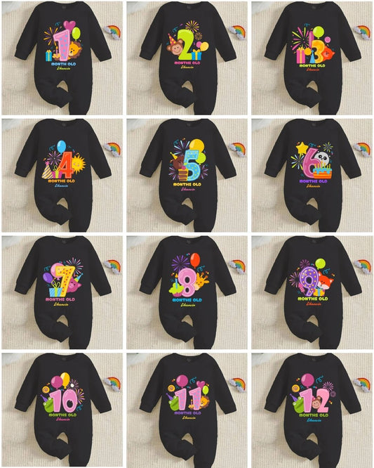 Infant monthly birthday Combo with customized name 12 Months of Love_ Black Full onesies